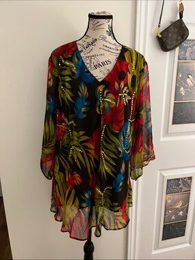 Signature Tropical V-Neck Tunic in Black with Red, Blue & Green